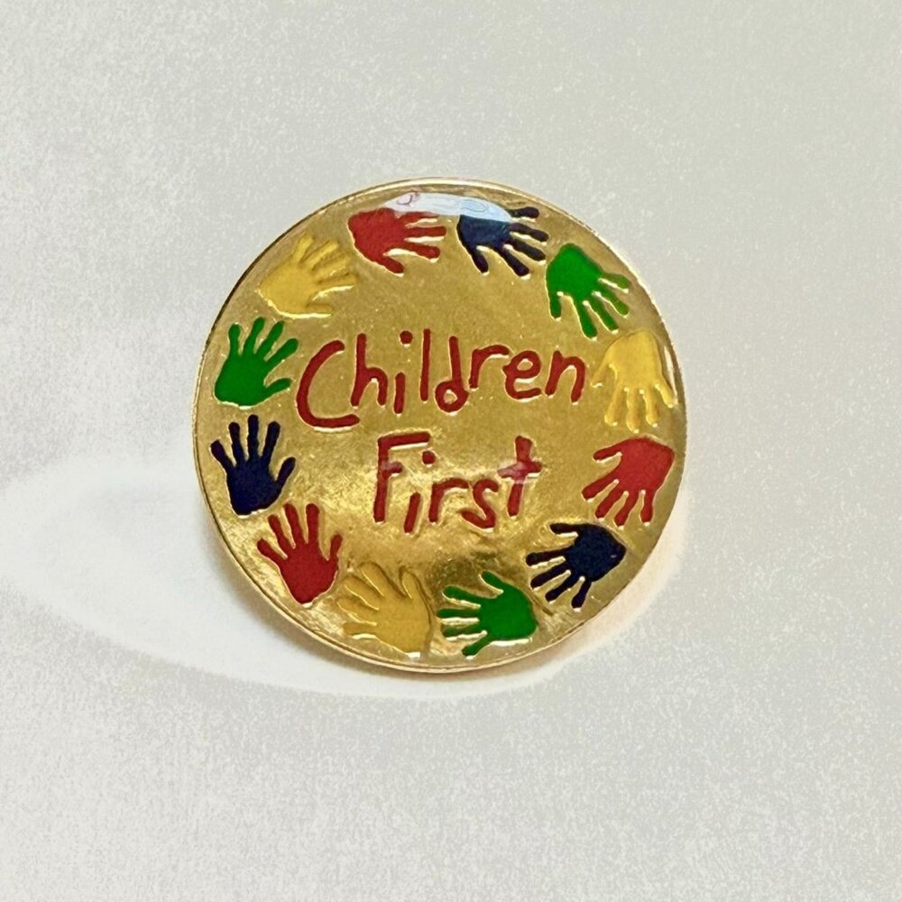 Children First Enamel Round Lapel Pin Multi-Colored Handprints Metal Pin Backing